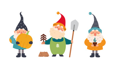 Set of garden gnomes. Dwarfs holding pumpkin and fir tree seedling, cute fairy tale characters cartoon vector illustration - obrazy, fototapety, plakaty