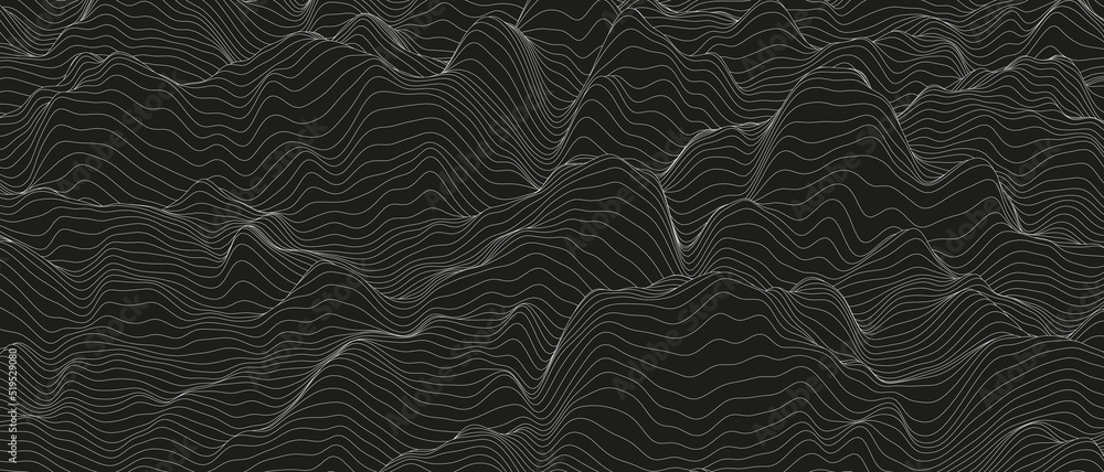 Poster abstract background with distorted line shapes on a black background. monochrome sound line waves.