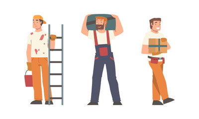 Construction workers set. Builder, handyman or repairman characters with with working tools cartoon vector illustration