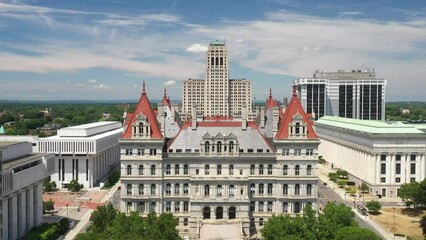 New York State capitol building in Albany, New York with drone video pull out.