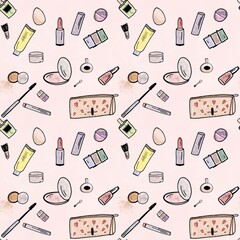 Makeup products set. Cosmetics. Hand drawn  Illustration