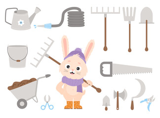 Set hare farmer and gardening tools. Cute rabbit with rake and his garden tools - shovel, pitchfork, bucket, wheelbarrow and watering can, hose, saw, an ax and sickle. Vector illustration. Isolated. © Ludmila