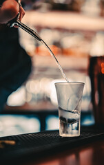 bartender pouring vodka into a shot glass in bar - obrazy, fototapety, plakaty