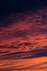 Orange and red sky at sunset and dawn. structure and texture of clouds. different shapes and types of sky. Photo and wallpaper on the desktop. beautiful transfusion of colors and smooth transition.
