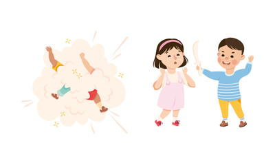 Bad behavior of kids set. Two children fighting, cute crying kid getting bullied by classmate cartoon vector illustration