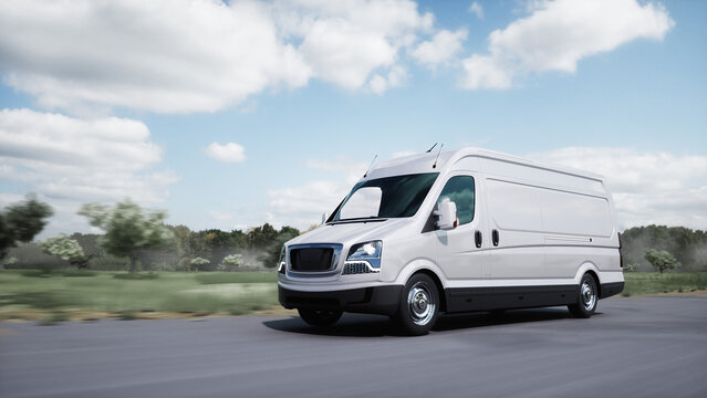 Generic 3d model of delivery van very fast driving on highway. Gas, oil concept. 3d rendering.