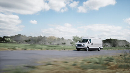 Generic 3d model of delivery van very fast driving on highway. Gas, oil concept. 3d rendering.