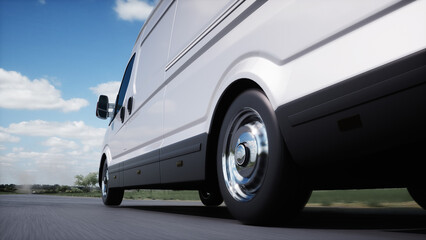 Fototapeta premium Generic 3d model of delivery van very fast driving on highway. Gas, oil concept. 3d rendering.