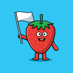 Cute cartoon Strawberry mascot character with white flag in modern design 