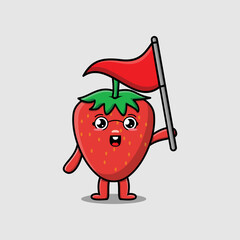 Cute cartoon Strawberry character holding triangle flag in flat modern design