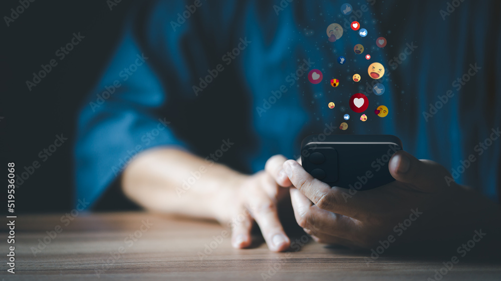 Poster Man hand using smartphone typing live chat chatting on application communication digital web and social network concept. Social media application chat box.