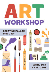 Art workshop promo flyer design. Vertical ad banner of creative drawing class, school in painting atelier, studio. Advertisement poster template of artists festival. Flat vector illustration
