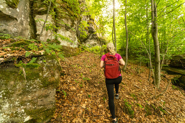 Fototapeta premium young woman hiking in Carpathian Mountains