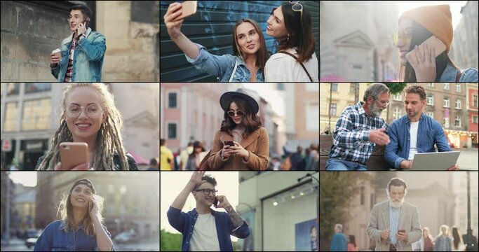 Diverse people of different age outdoors in many places. Happy old man listening to music in earphones and dancing on street. Females taking selfie photo on smartphone Leisure activity Collage concept