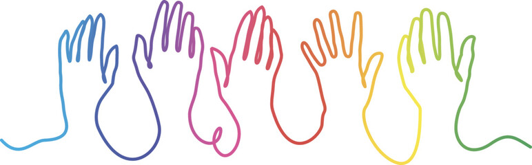 Obraz premium People raising their hands. Rainbow colors continuous line vector illustration.
