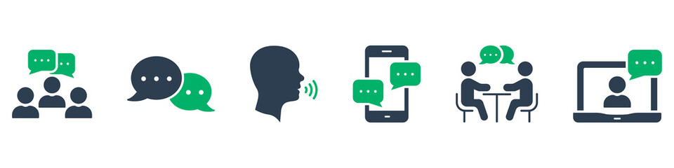 Collaboration Community People Glyph Pictogram. Friendship Person Text Message Chat, Talk Online Speech Bubble Silhouette Icon Set. Meeting Conversation Video Conference. Isolated Vector Illustration