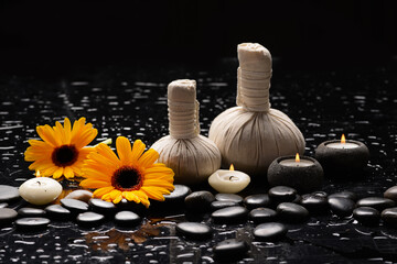 yellow flower , and  candle ,spa ball and zen black stones on wet background