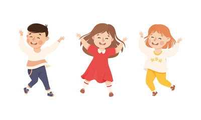 Happy little children having fun. Joyful boy and girls playing together and happily jumping cartoon vector illustration