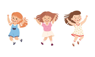 Fototapeta premium Happy kids having fun. Joyful girls playing together and happily jumping cartoon vector illustration