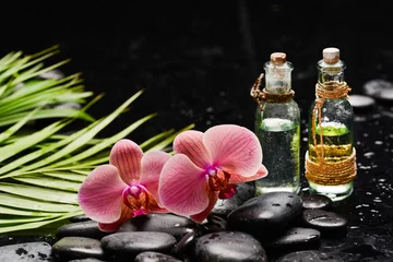 Poster Im Rahmen Still life of with  Two pink , oil bottle and zen black stones ,green palm wet background  © Mee Ting