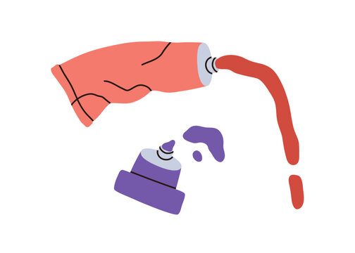 Squeezed paint tubes with colour splashes. Used squashed open packs of pigments, dye with spilled color splatters. Rolled packages of oil. Flat vector illustration isolated on white background
