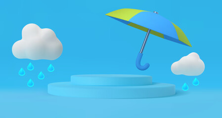 Vector illustration of the monsoon season with an umbrella clouds and a podium