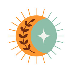 Abstract stylized decorative boho moon and sun sign with patterns and floral ornament. Decor for interior decoration, poster, clothing. Flat isolated illustration on white background