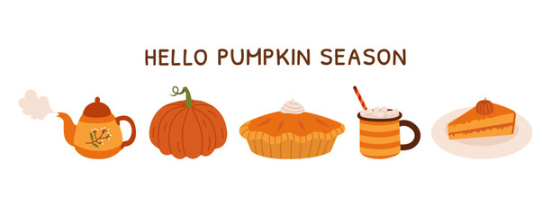 Autumn hand drawn vector illustrations isolated on white background. Pumpkins, pumpkin pie, tea, cocoa with marshmallows. Harvest season.