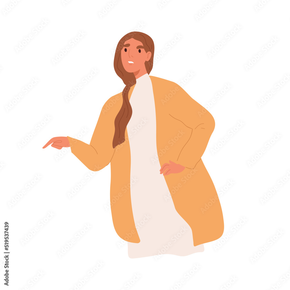 Poster angry upset woman complaining, pointing at problem with finger. annoyed confused dissatisfied person