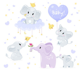 Set of cute baby elephants. Beautiful mammals in scandinavian style with balloon, bird, cloud and mom. Design for printing on children clothing. Cartoon flat vector collection isolated on white