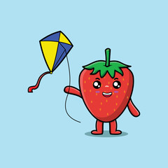 Cute cartoon strawberry character playing kite flaying cartoon icon vector illustration