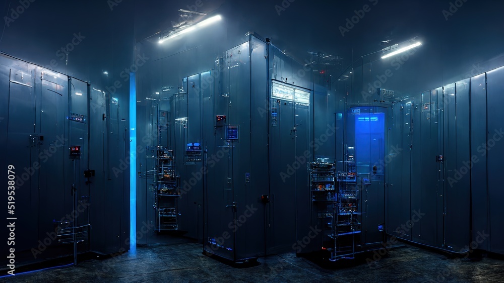 Poster View of a Server room data center. Server racks, quantum computers, server room data center - 3d rendering