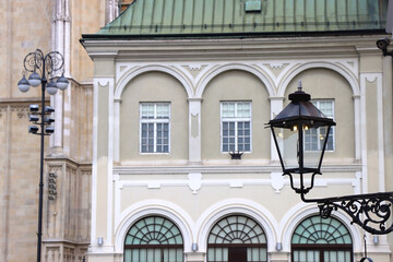 Colorful historical buildings and vintage street lantern in central Zagreb, Croatia.