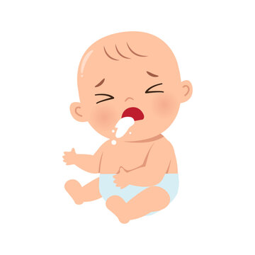 Baby vomiting milk illustration. Flat vector cartoon design