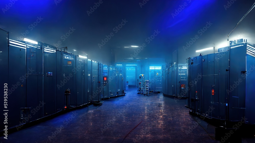Poster Server room in a data center full of telecommunications equipment, big data storage concepts and cloud hosting technologies in blue color