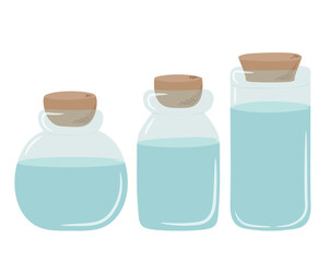 A set of blue glass jars with liquid inside. The jar is closed with a cork hand drawn in doodle style. Isolated vector illustration.
