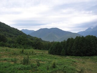 A panorama mountain landscape with valleys and forest mountain peaks under an overcast and cloudy sky