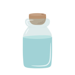 Single blue glass jar with liquid inside. The jar is closed with a stopper drawn by hand in the style of doodle. Isolated vector illustration.