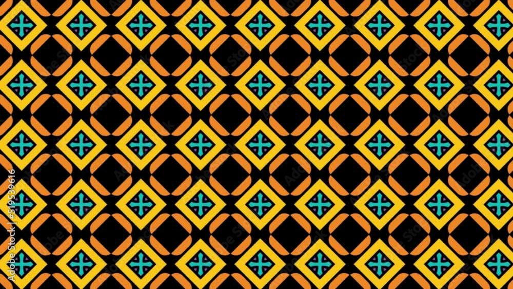 Poster the orange-yellow geometric square pattern on a black background. seamless pattern background from a