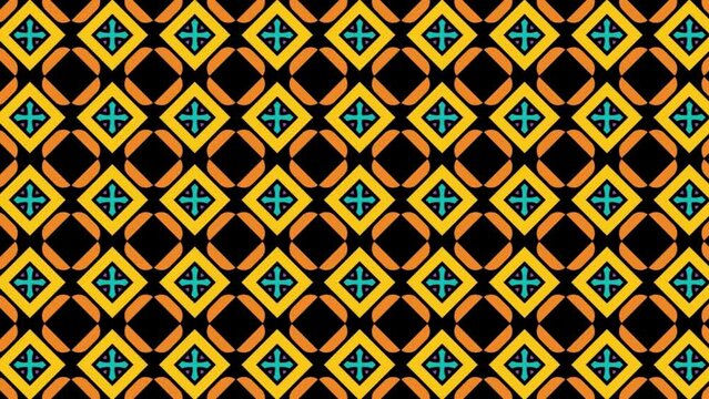 The Orange-yellow geometric square pattern on a black background. Seamless pattern background from a variety of multicolored squares. Panning. abstract seamless geometric pattern.