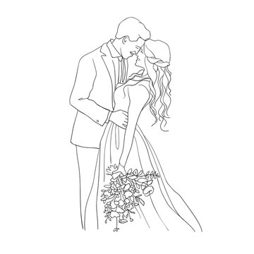 Wedding illustration outline on white background. Husband and wife with a bouquet. Married
