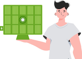 The guy is holding a solar panel in his hand. Green energy concept. Isolated. trendy style. Vector illustration.