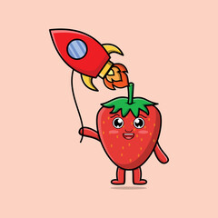 Cute cartoon strawberry floating with rocket balloon cartoon vector illustration 