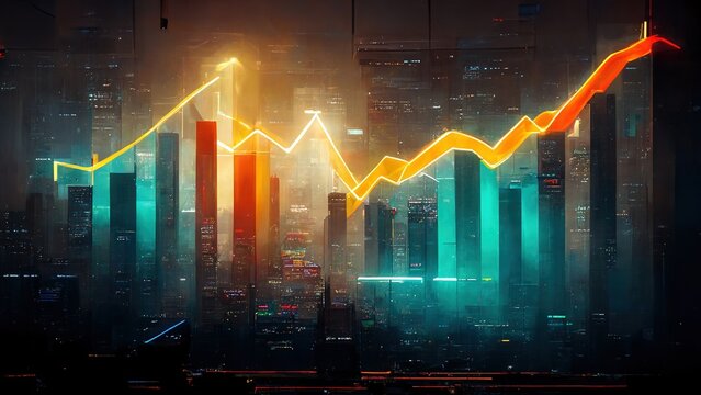 Blue descending forex chart on a green, yellow background of a night city. Hologram of FOREX and stock market charts on city skyscrapers. The concept of international trade.