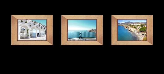 3 light wood photo frames of the town of Nerja, tourist destination in Malaga, Spain, on a black background wall,