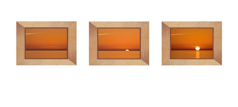 3 light wood photo frames of a sunrise at sea, on a white background wall,