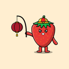 Cute cartoon strawberry chinese character holding lantern in vector icon illustration