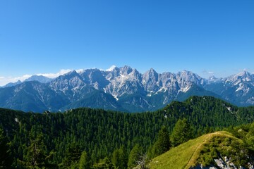 Fototapeta na wymiar View of mountains Prisojnik, Razor and Skrlatica in Julian alps and Triglav national park, Slovenia