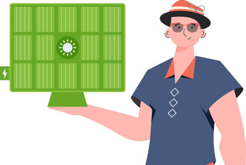 The guy is holding a solar panel in his hand. Eco energy concept. Isolated on white background. trendy style. Vector illustration.