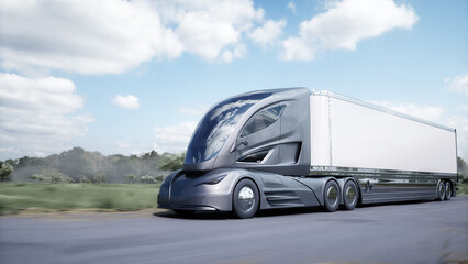 Fototapeta na wymiar 3d model of futuristic electric truck very fast driving on highway. Logistic, future concept. 3d rendering.